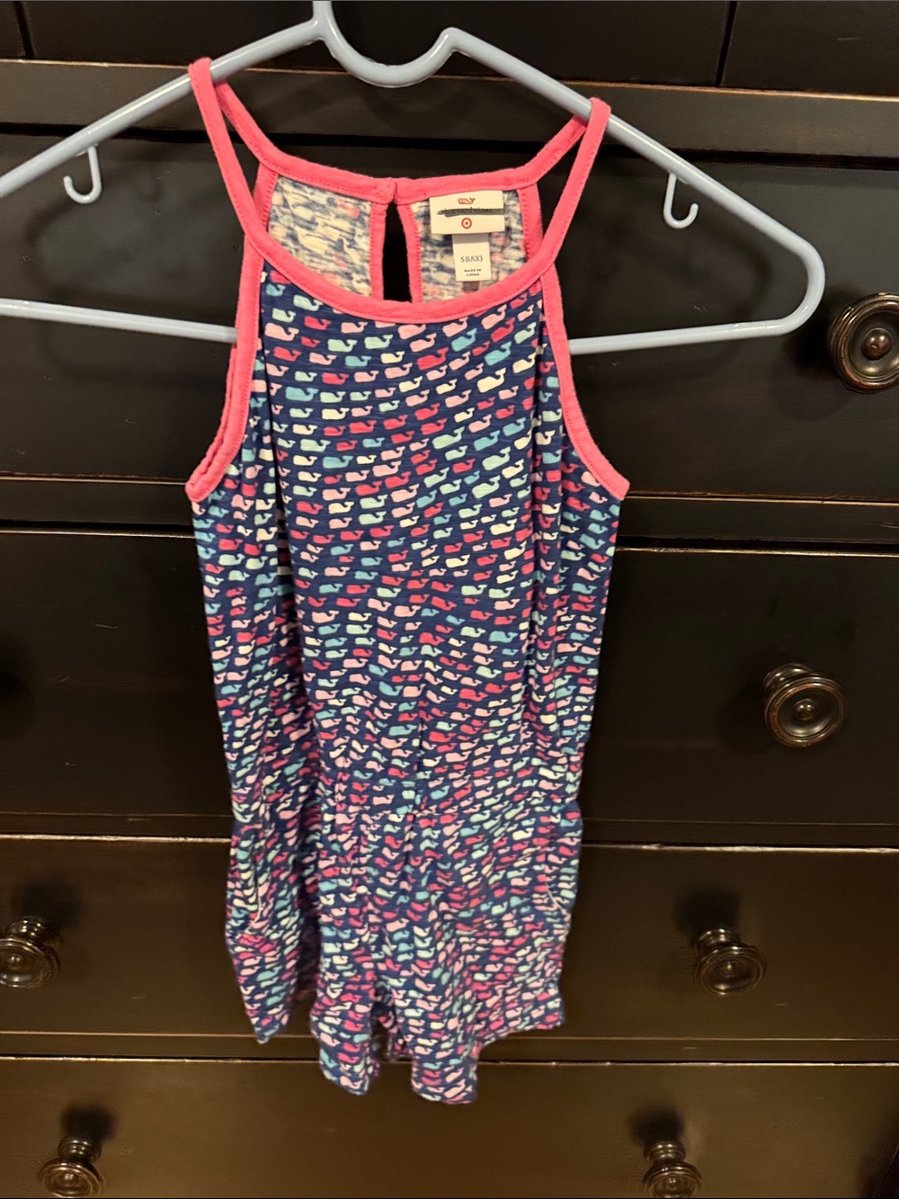Vineyard Vines Navy Tank Romper with Pink Trim and Whale Print